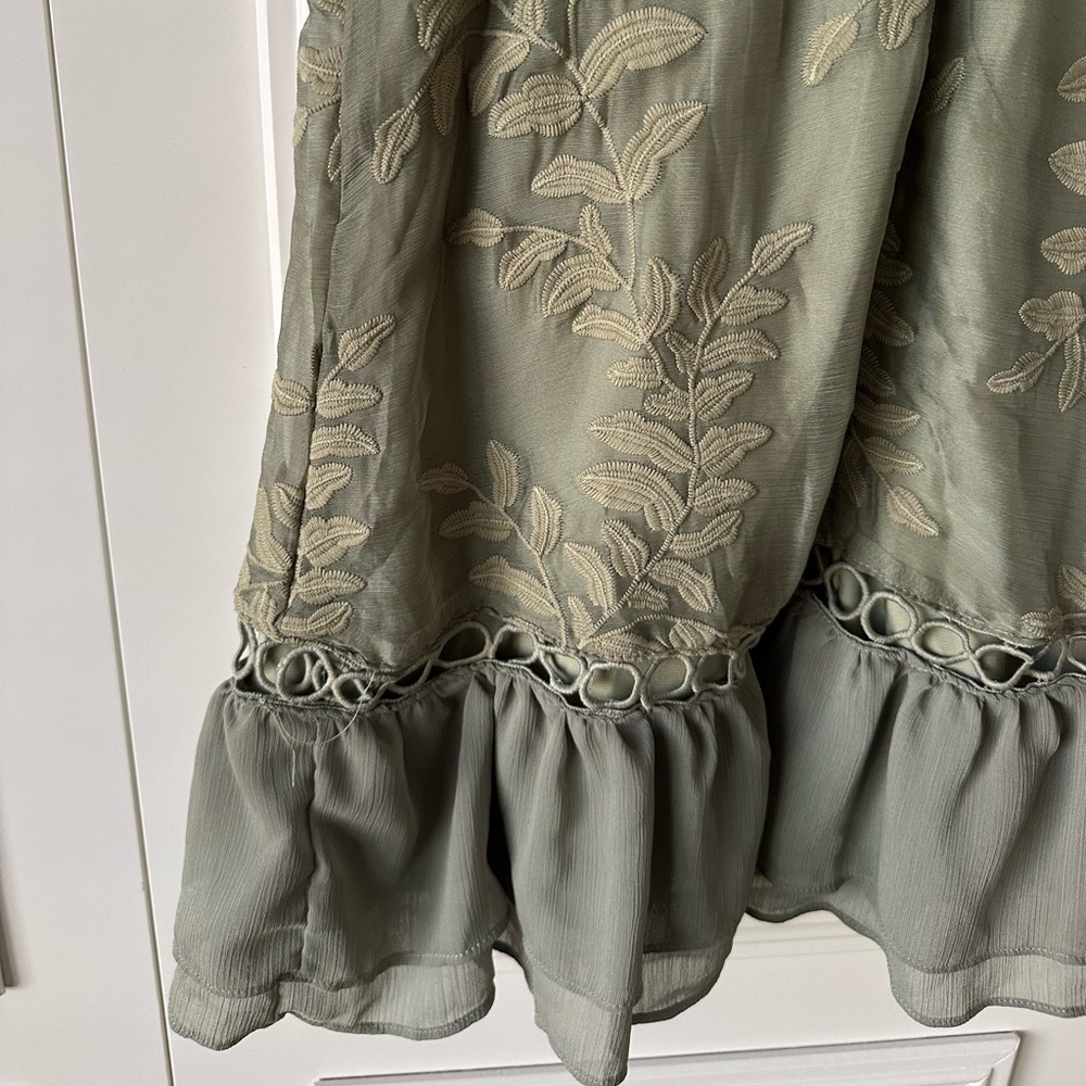 Saints + Secrets Embroidered Ruffle Mini Dress Sage Green, Size M - Picture 9 of 11